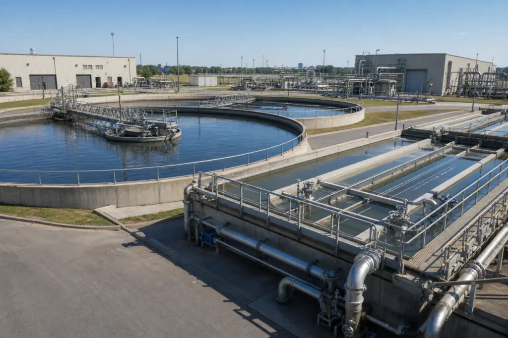 installation de traitement des eaux usées industrielles avec clarificateurs et séparateurs