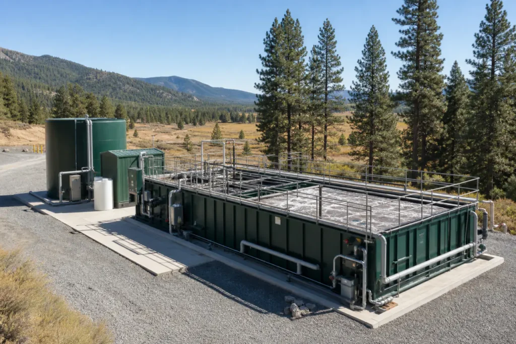 Station d'épuration d'eaux usées emballée modulaire installée sur un site commercial éloigné