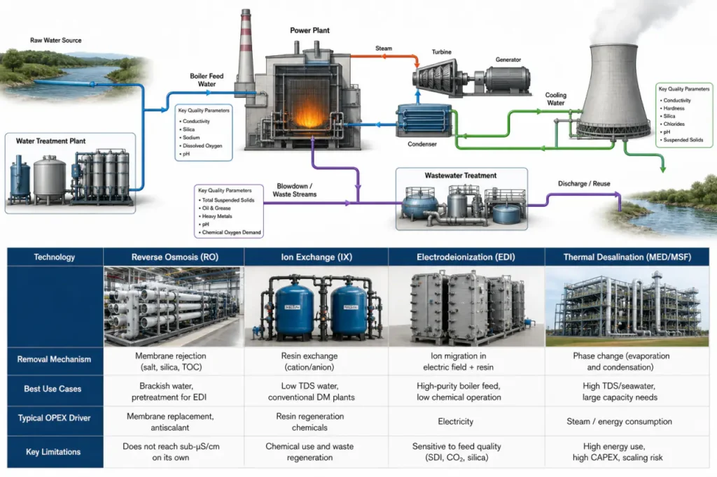 Diagramme des applications de traitement de l'eau dans les centrales électriques et des flux du système