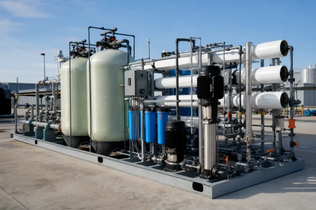 Système de traitement de l'eau monté sur skid industriel installé en extérieur avec raccordements de tuyauterie