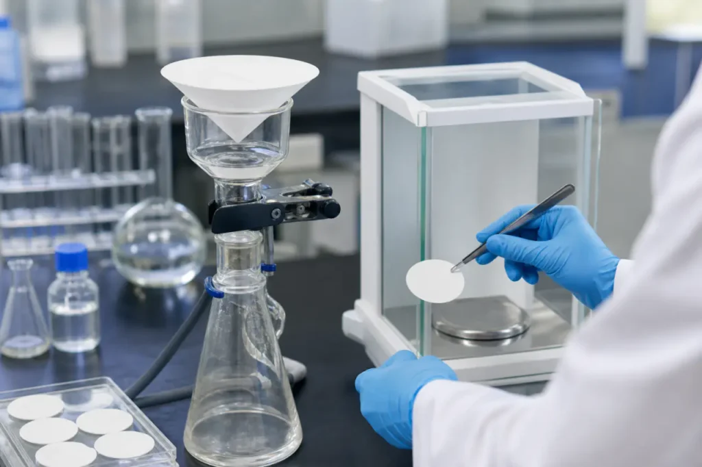 Zoom sur l'installation de filtration en laboratoire avec filtre en fibre de verre pour mesurer les solides en suspension totaux dans l'eau