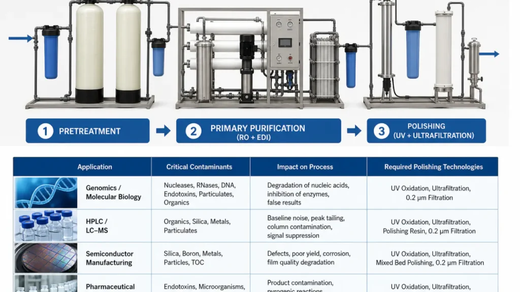 Schéma de l'architecture d'un système de traitement d'eau ultrapure en trois étapes