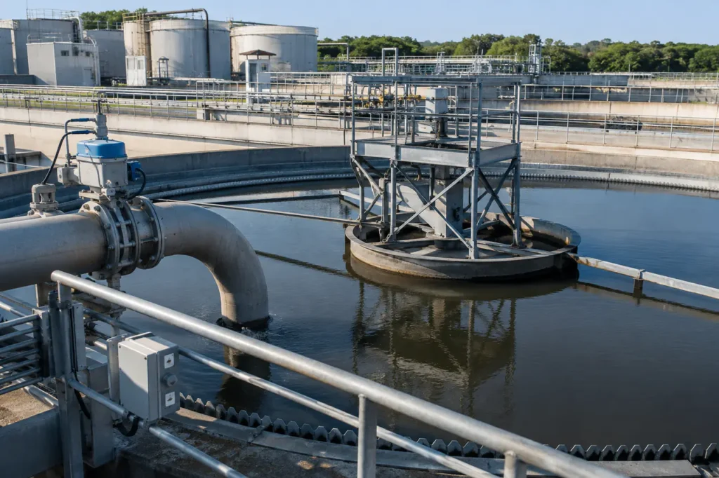 Équipement de traitement des eaux usées industrielles par clarificateur avec détails sur les réservoirs, la tuyauterie et l'inspection