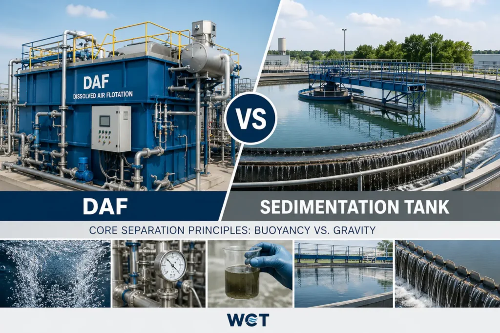 Équipement de traitement par DAF vs équipement de traitement par bassin de décantation avec détails de tuyauterie et d'inspection