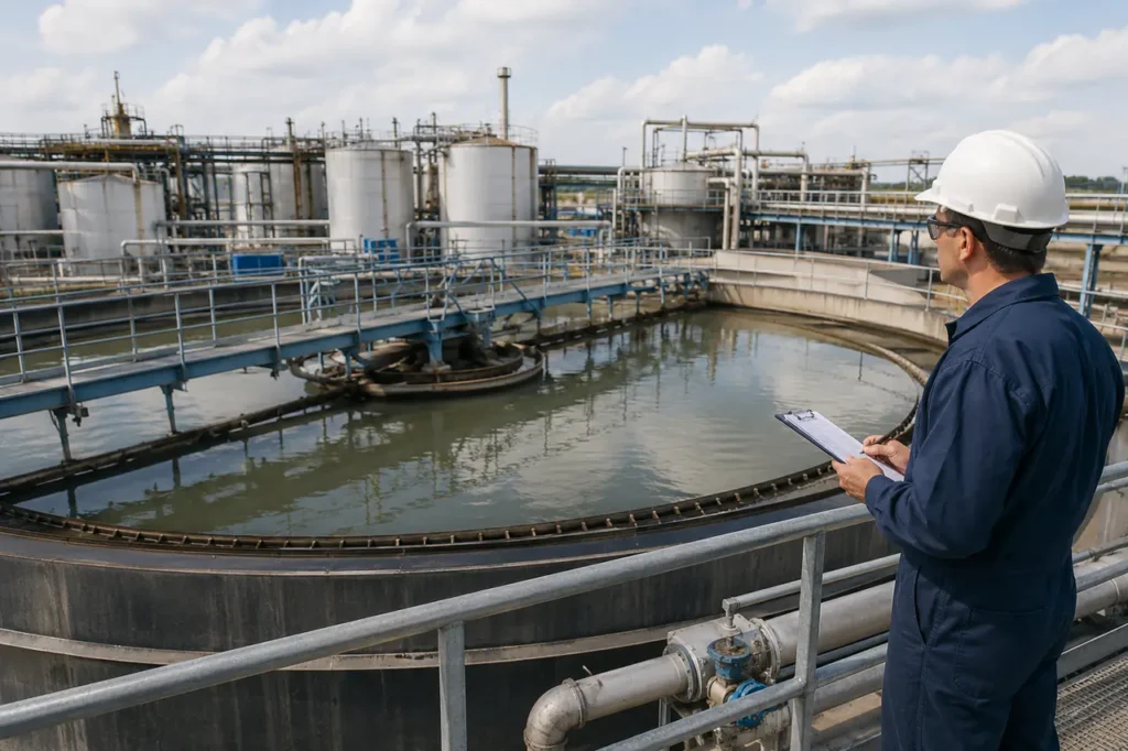Équipement de traitement du système de clarificateur industriel avec réservoirs, tuyauterie et détails d'inspection
