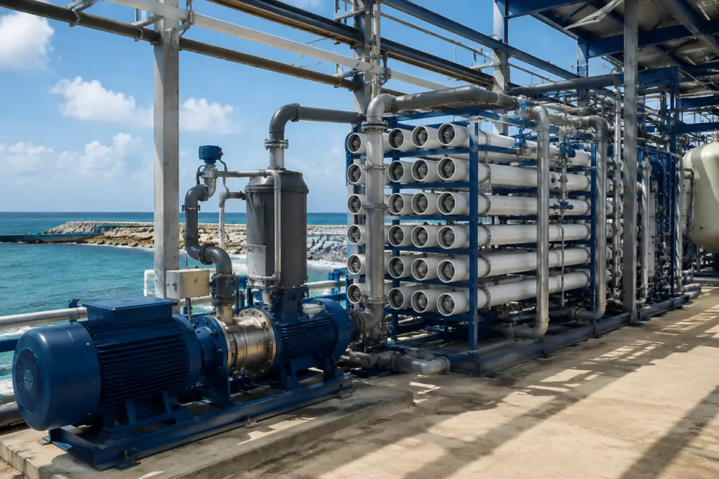 Système industriel d'osmose inverse d'eau de mer installé dans une installation côtière